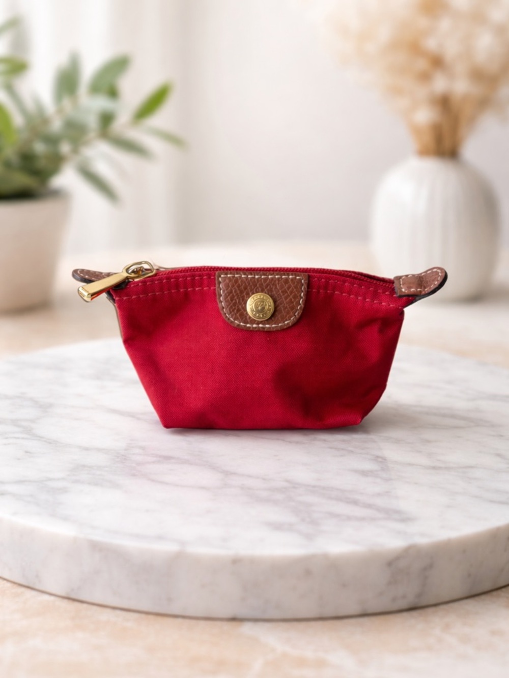 Longchamp Red Nylon Coin Purse Mini Pouch Leather Trim Gold Hardware